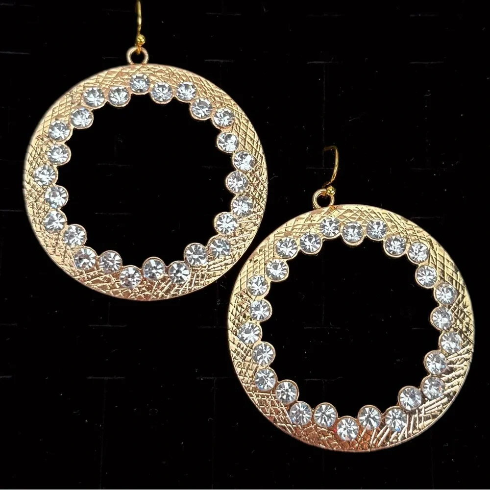 Goldtone Crystal Bling Large Circle Pierced  Earrings